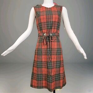 Vintage 1970s Dress Shift Pendleton Wool Red Plaid Tartan Sleeveless Belt